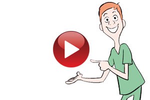 Cartoon of a young male nurse pointing to a play button